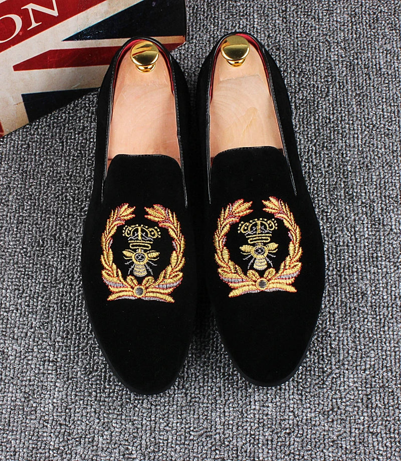 Men'S Fashion Suede Leather Embroidery Loafers Mens Casual Printed Moccasins Oxfords Shoes Man Party Driving Flats EU Size 38-45