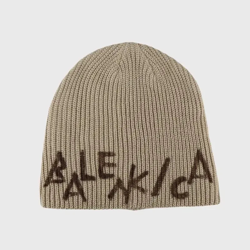 American Retro Letter Knitted Beanie Hat Women'S Autumn Winter Warm Overhead Scarf Small Face Effect Yarn Wrapped Cold Hat