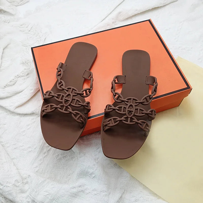 2025 Summer Women Slippers Bow Flip Flops Rivet Flats Sandals Outdoor Transparent Crystal Beach Shoes Female Open Toe Shoes
