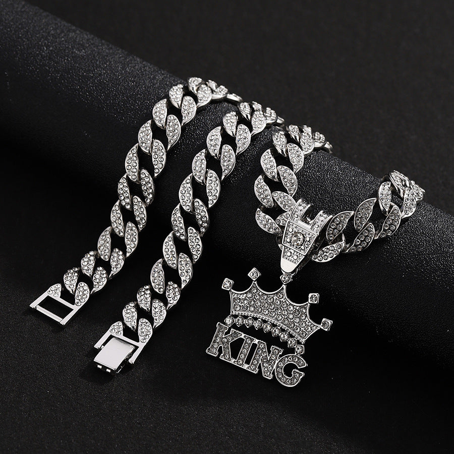 KING letter pendant Cuban necklace one-piece set 👑