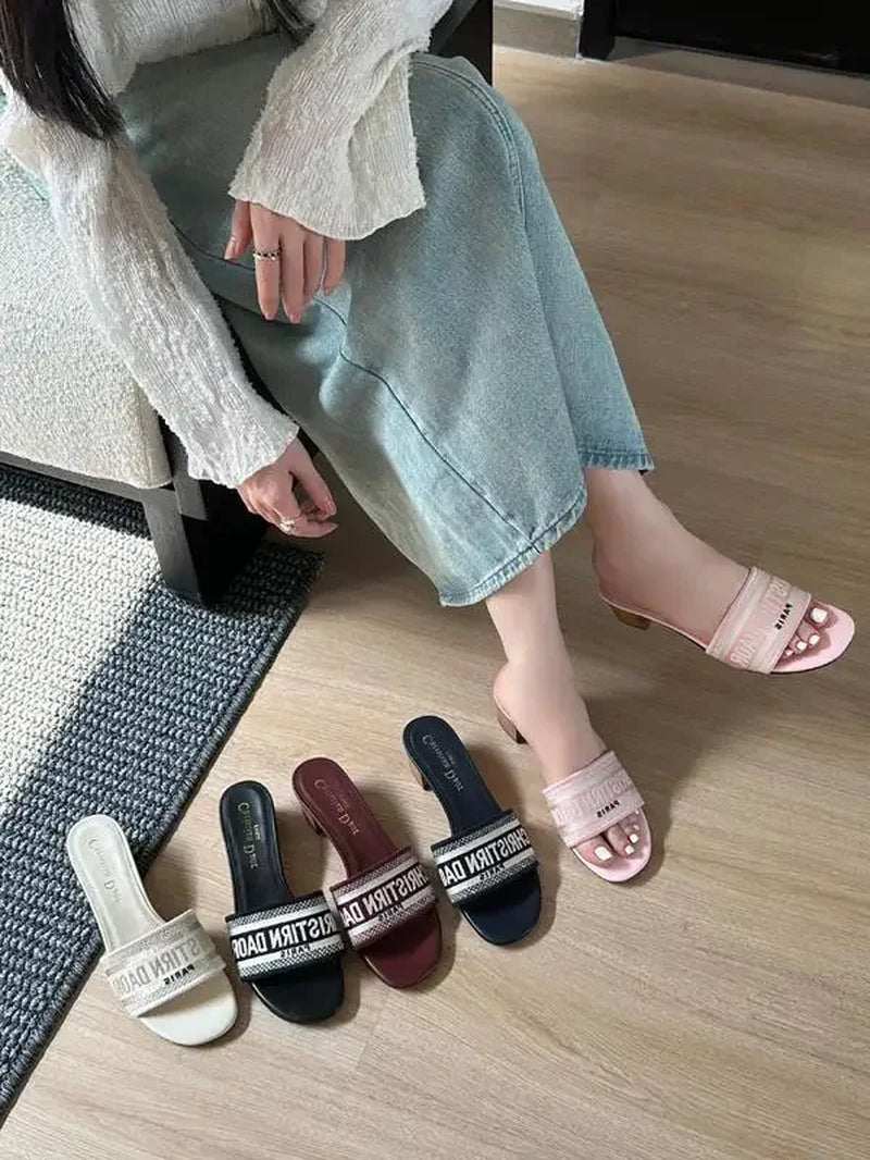 2024 Spring Summer New Women'S Embroidery Letter Slippers One-Row round Head Thick Heel Middle Heel Slip-On Outer Wear