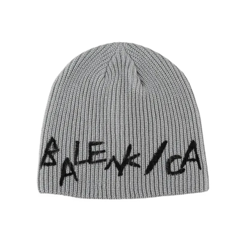 American Retro Letter Knitted Beanie Hat Women'S Autumn Winter Warm Overhead Scarf Small Face Effect Yarn Wrapped Cold Hat
