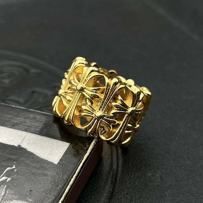 KK Jewelry Men'S Medieval Thai Silver-Plated 22K Gold Diamond-Free Ring European and American Gothic Hip-Hop Cross