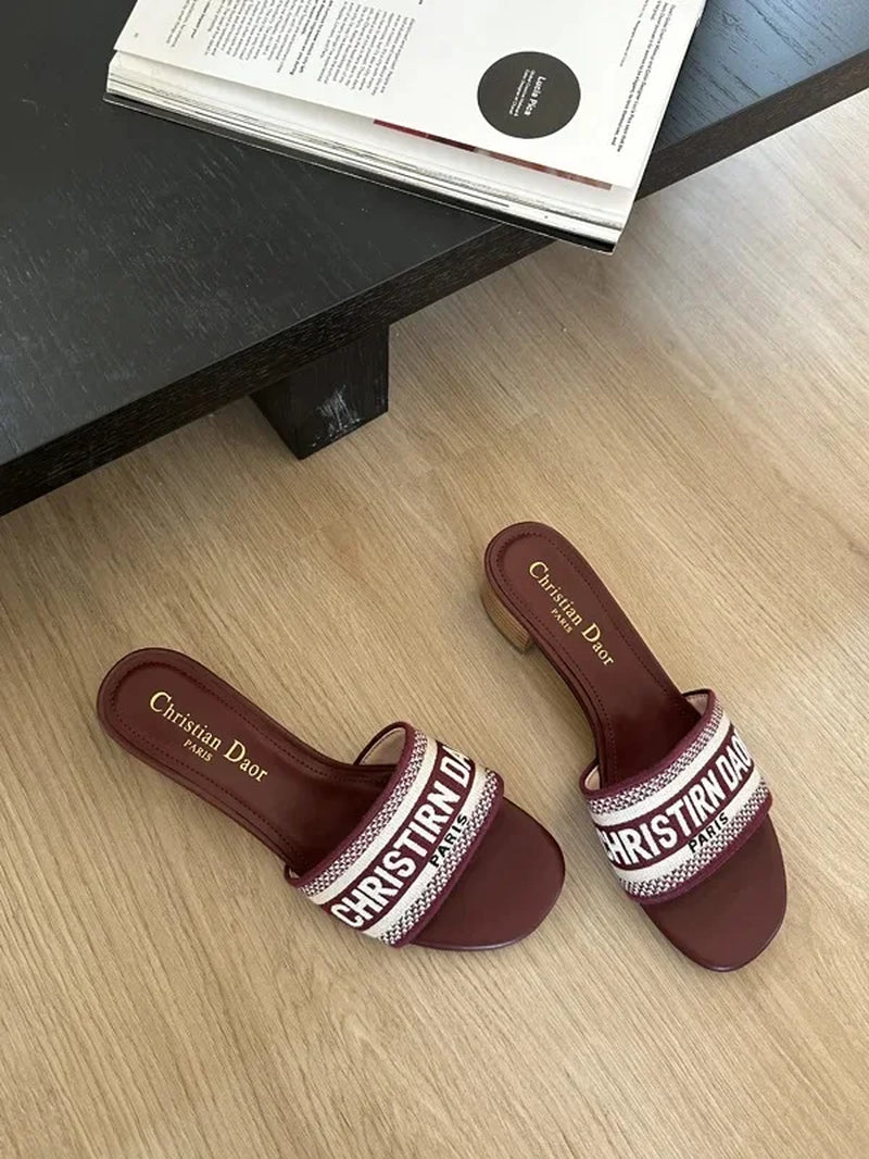2024 Spring Summer New Women'S Embroidery Letter Slippers One-Row round Head Thick Heel Middle Heel Slip-On Outer Wear