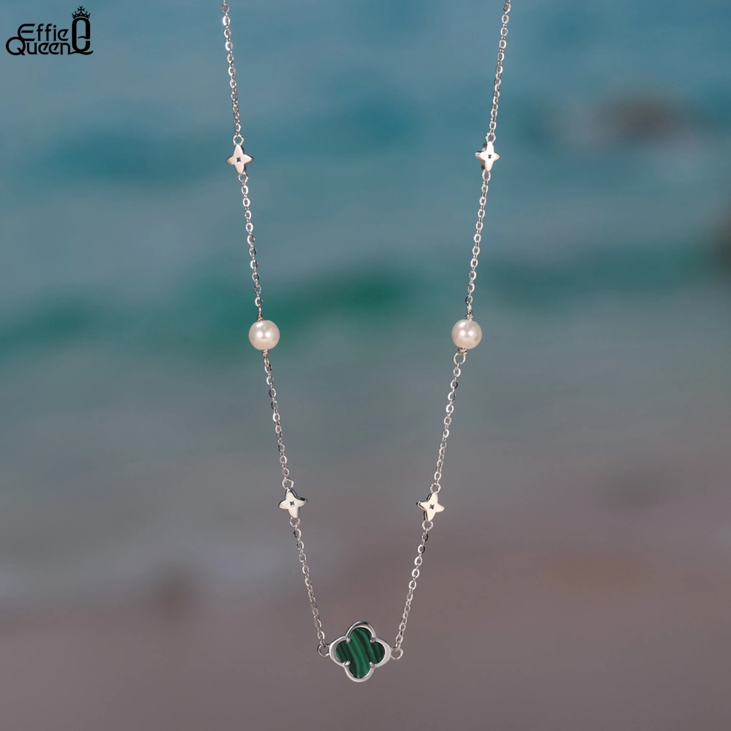 925 Sterling Silver 14K Gold Shell Pearl Choker Necklace with Green Malachite Ornament Four Leaf Clover Style GMN62