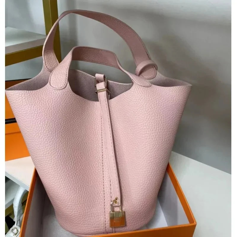 New 2025 Lychee Pattern Bucket Bag Soft PU Women'S Handbag Fashion Market Basket Mother and Baby Bag Trend Large Capacity