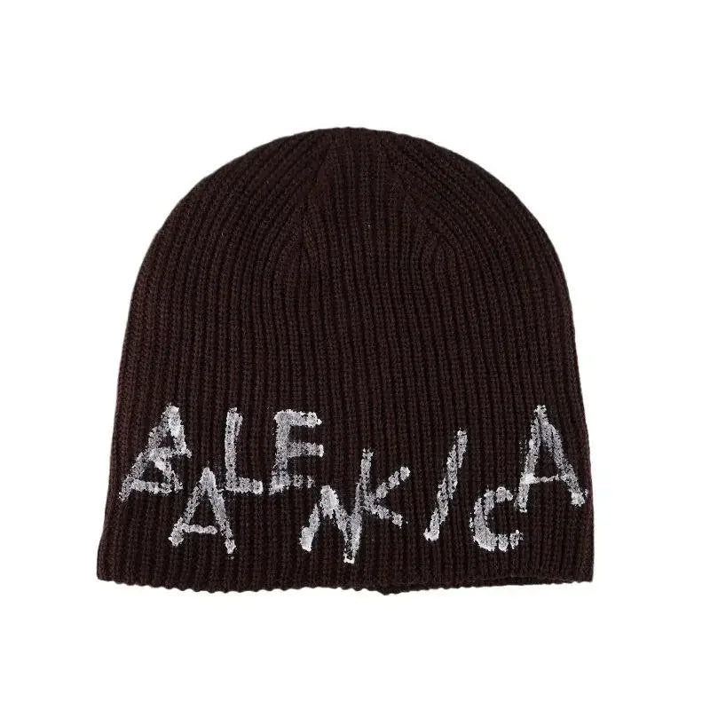 American Retro Letter Knitted Beanie Hat Women'S Autumn Winter Warm Overhead Scarf Small Face Effect Yarn Wrapped Cold Hat