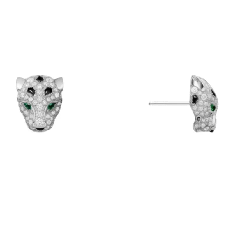 925 Sterling Silver with Carbon Stone Panther Leopard Head Black Enamel Stud Earrings Luxury Designer Jewelry for Women or Men