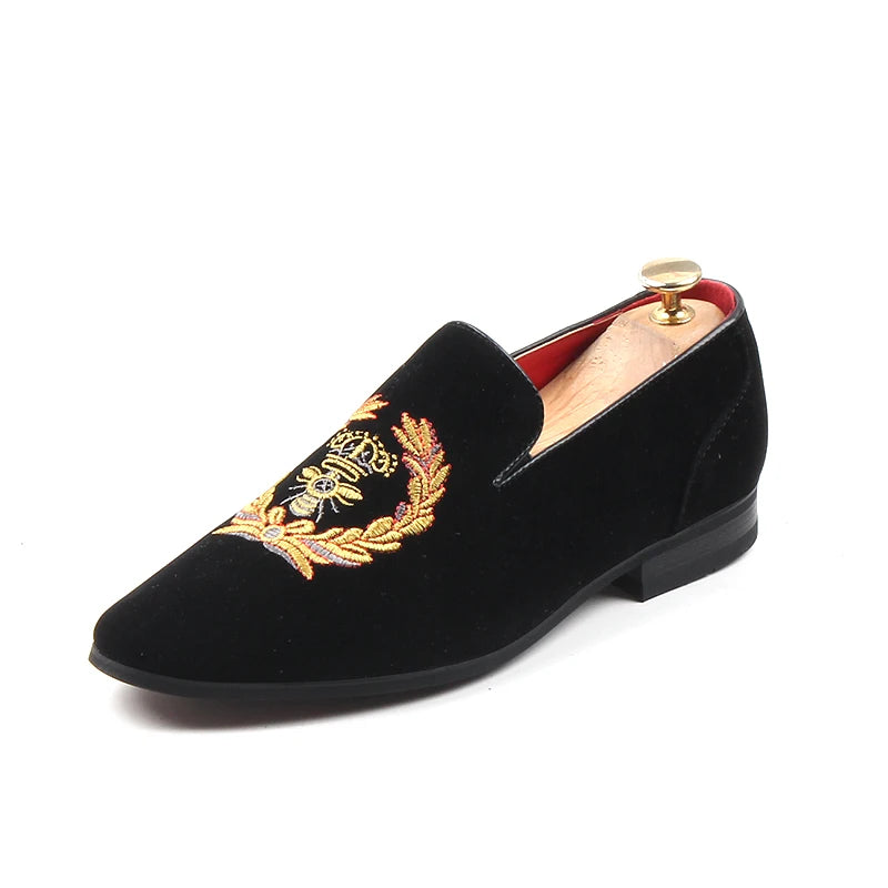 Men'S Fashion Suede Leather Embroidery Loafers Mens Casual Printed Moccasins Oxfords Shoes Man Party Driving Flats EU Size 38-45