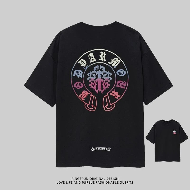 Trendy Brand New Summer Horseshoe Sanskrit Crew Neck Printed T-Shirt Men'S and Women'S Loose Casual Versatile Trendy Top