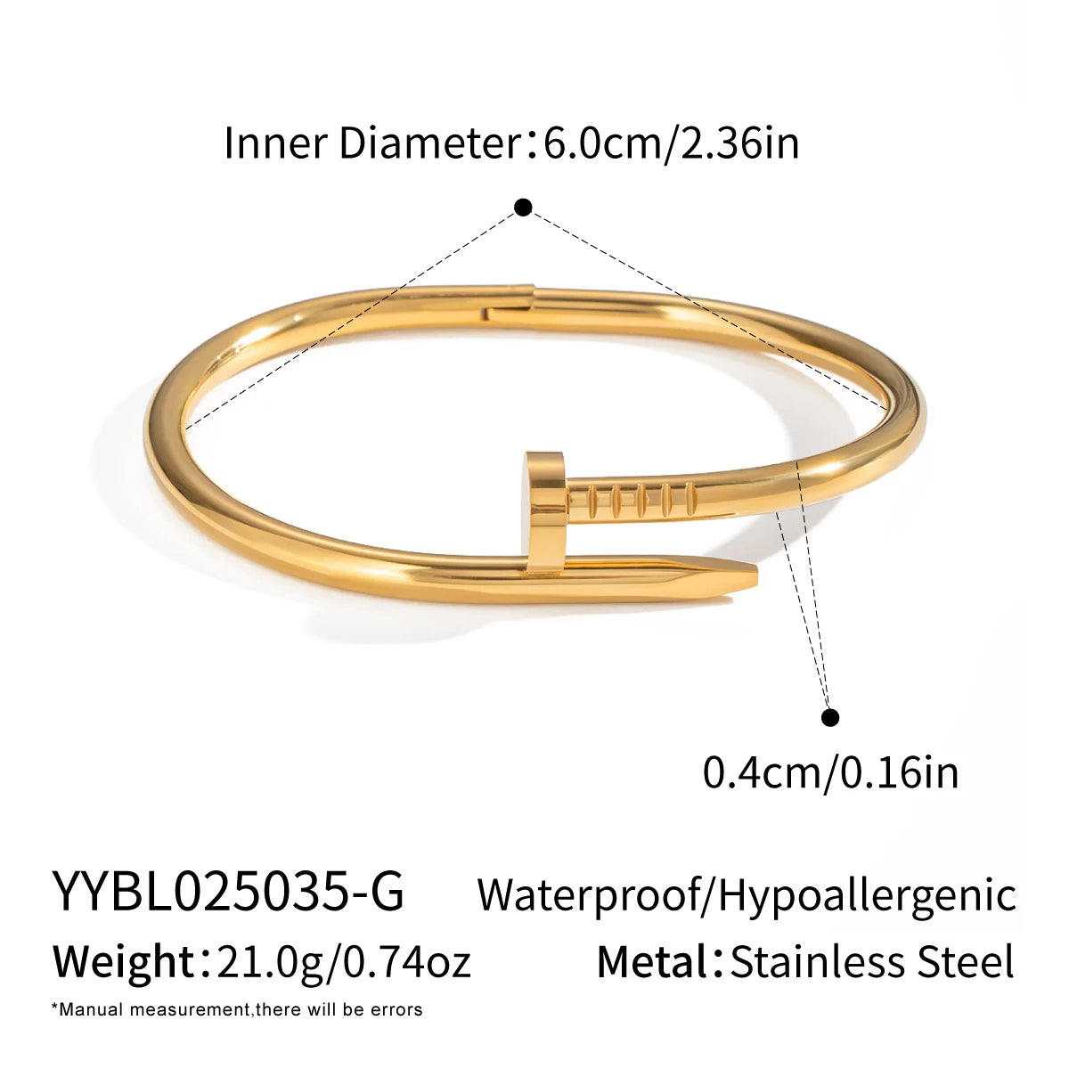 Vintage Minimalism Stainless Steel Nail Bangle for Women 18K Gold Plated Waterproof Charm Jewlry Wholesale