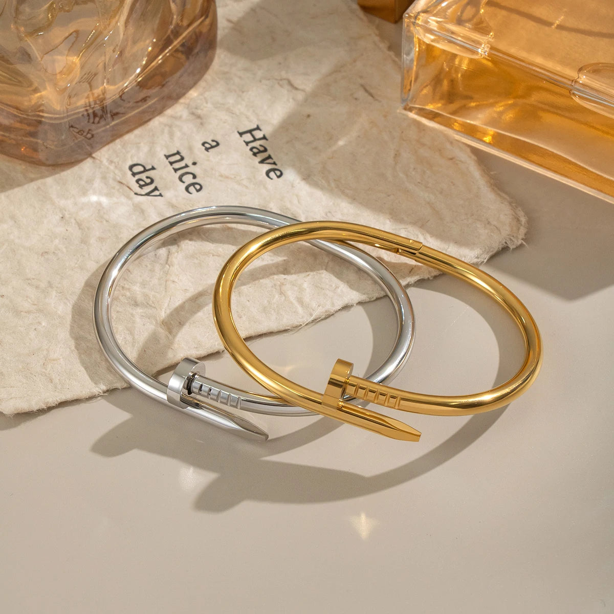 Vintage Minimalism Stainless Steel Nail Bangle for Women 18K Gold Plated Waterproof Charm Jewlry Wholesale
