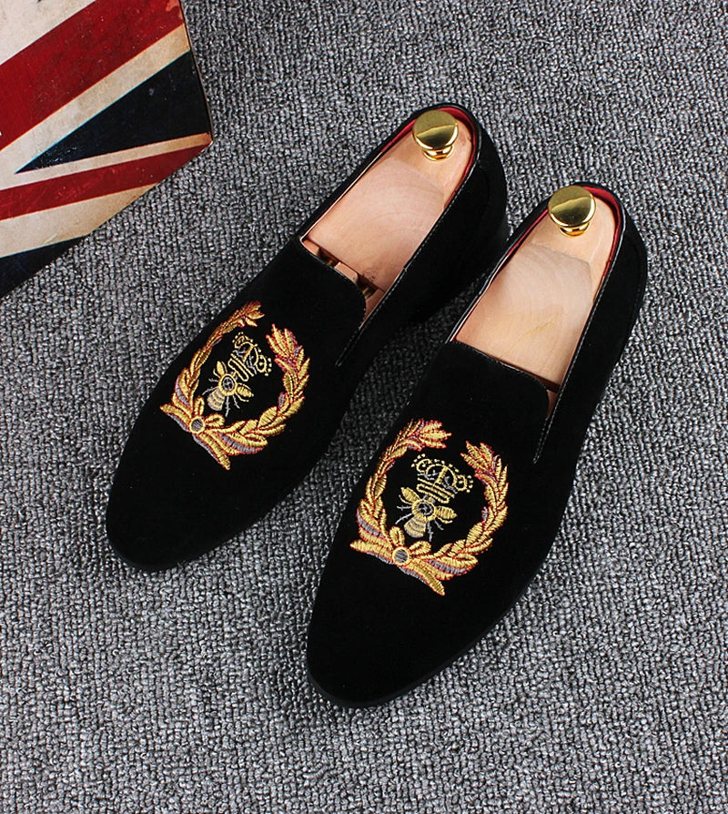 Men'S Fashion Suede Leather Embroidery Loafers Mens Casual Printed Moccasins Oxfords Shoes Man Party Driving Flats EU Size 38-45