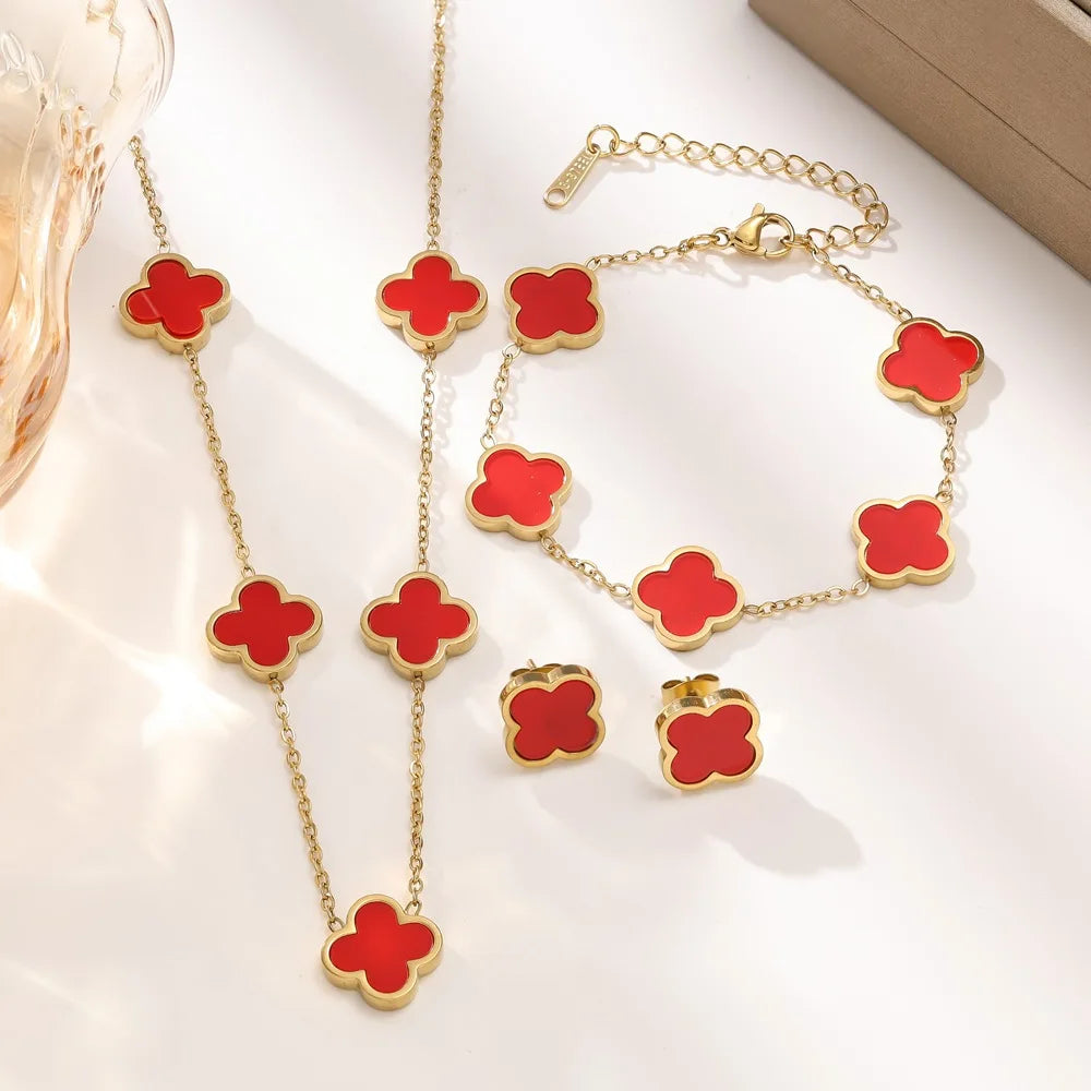 Fashionable and Elegant Luxury Stainless Steel Four-Leaf Clover Necklace and Bracelet Jewelry Set, Polished Flower Necklace