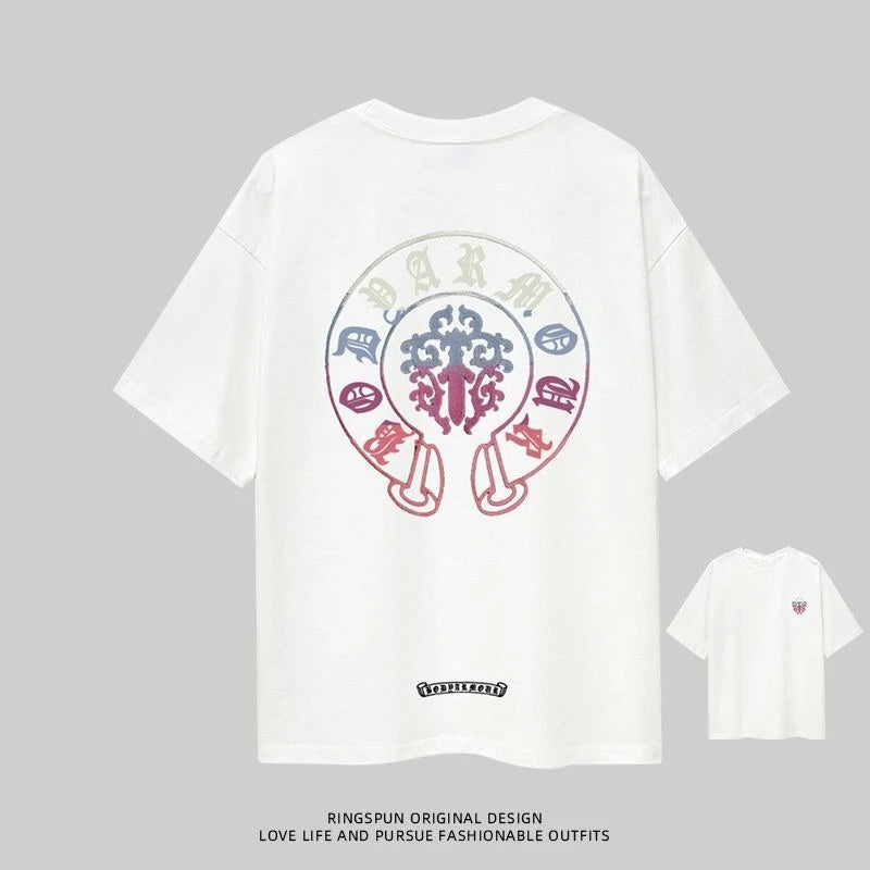 Trendy Brand New Summer Horseshoe Sanskrit Crew Neck Printed T-Shirt Men'S and Women'S Loose Casual Versatile Trendy Top