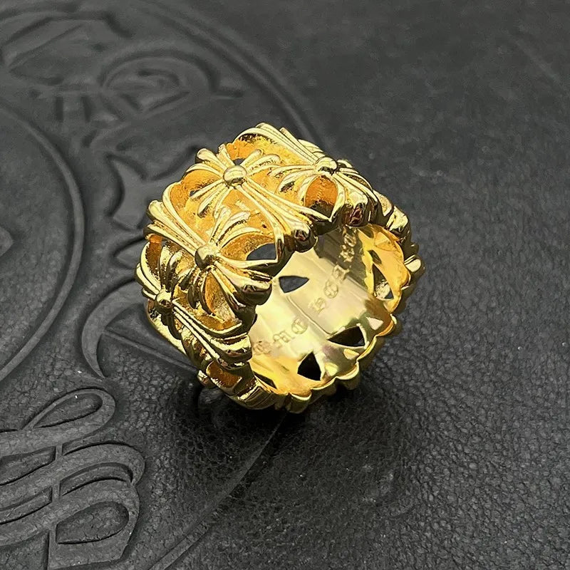 KK Jewelry Men'S Medieval Thai Silver-Plated 22K Gold Diamond-Free Ring European and American Gothic Hip-Hop Cross