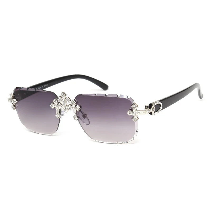 2025 Fashion Square Rimless Sunglasses for Women Cross Diamond Metal Frame Luxury Eyewear Cut Lens UV400 Shades Sun Glasses