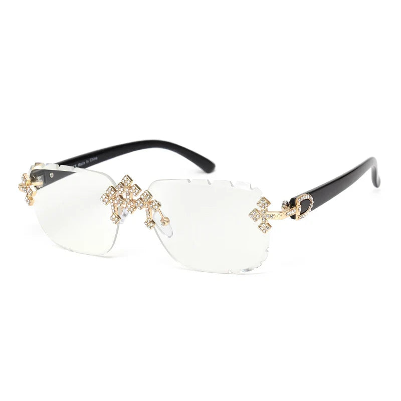 2025 Fashion Square Rimless Sunglasses for Women Cross Diamond Metal Frame Luxury Eyewear Cut Lens UV400 Shades Sun Glasses