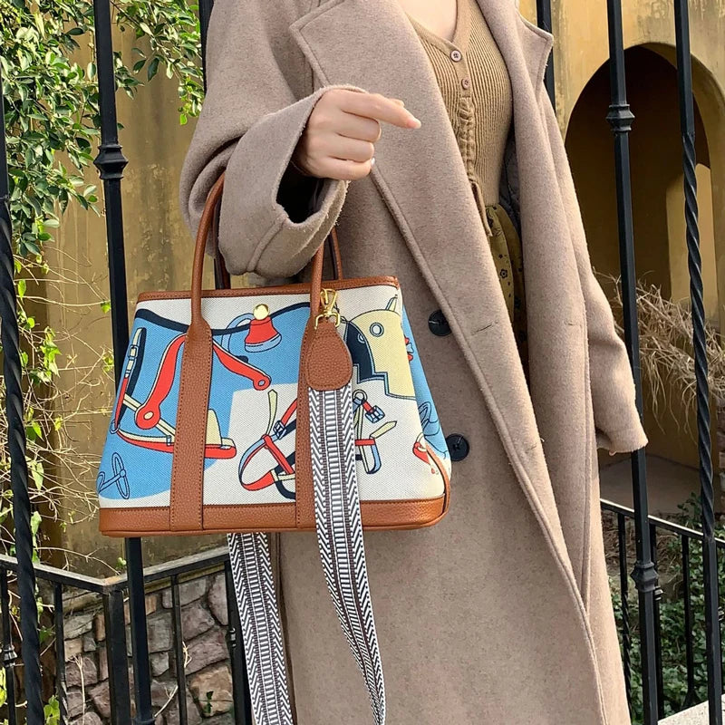 Graffiti Painted Canvas Patchwork Women'S Bag Printed Handbag Large Capacity Contrasting Tote Bag Single Shoulder Crossbody Bag