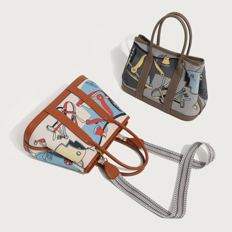 Graffiti Painted Canvas Patchwork Women'S Bag Printed Handbag Large Capacity Contrasting Tote Bag Single Shoulder Crossbody Bag