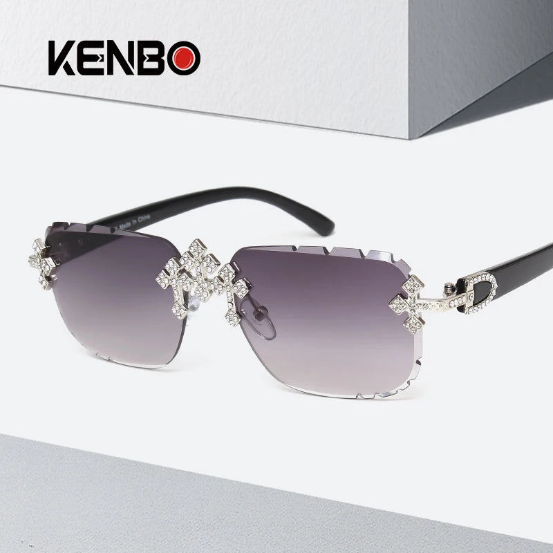2025 Fashion Square Rimless Sunglasses for Women Cross Diamond Metal Frame Luxury Eyewear Cut Lens UV400 Shades Sun Glasses