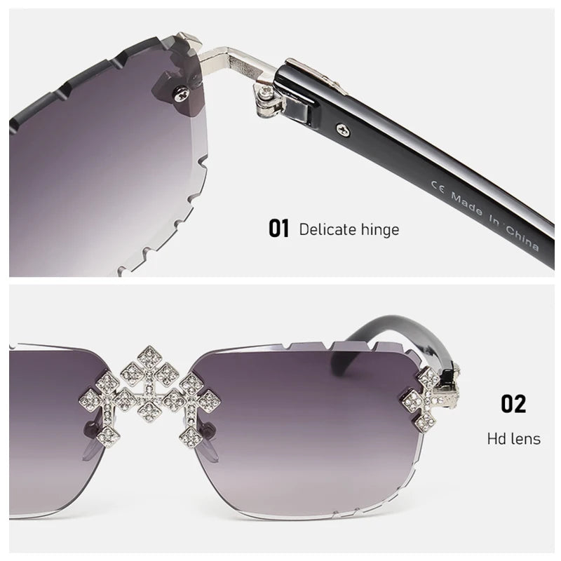 2025 Fashion Square Rimless Sunglasses for Women Cross Diamond Metal Frame Luxury Eyewear Cut Lens UV400 Shades Sun Glasses