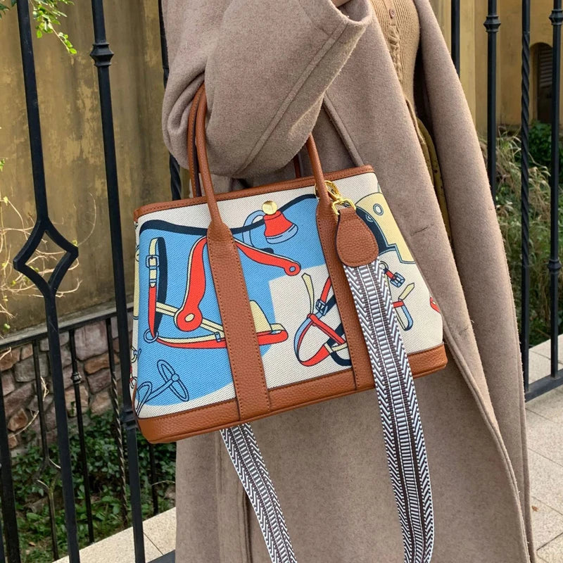 Graffiti Painted Canvas Patchwork Women'S Bag Printed Handbag Large Capacity Contrasting Tote Bag Single Shoulder Crossbody Bag