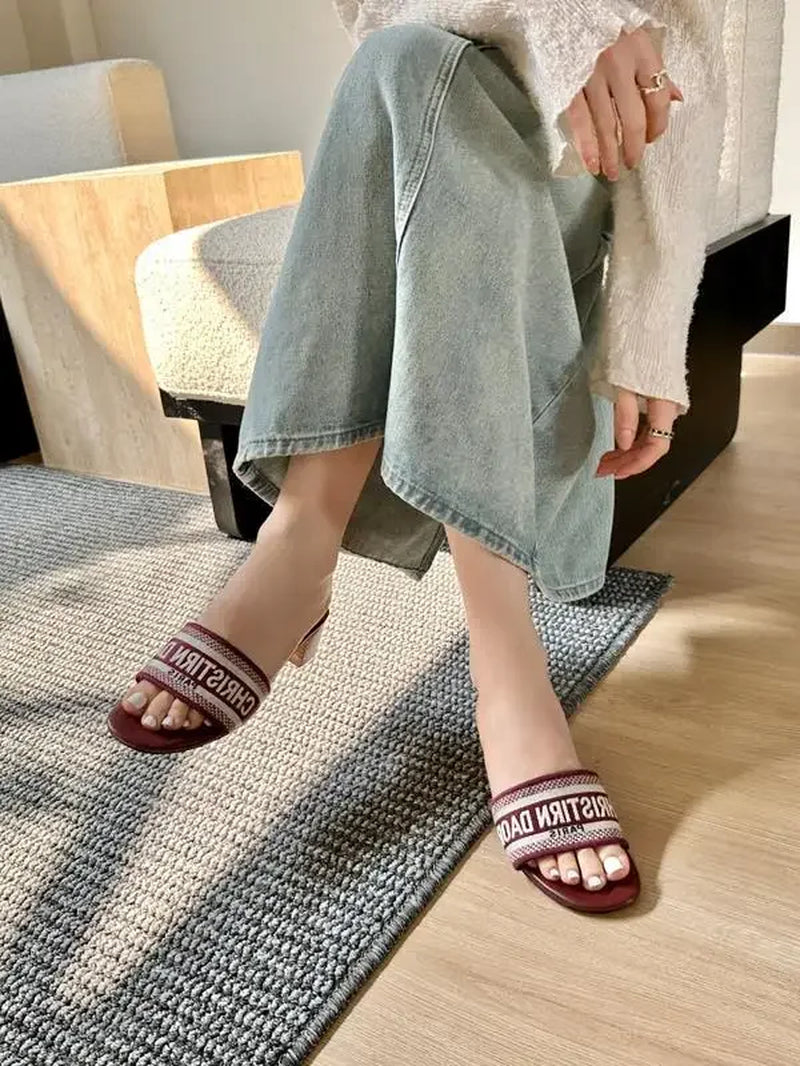 2024 Spring Summer New Women'S Embroidery Letter Slippers One-Row round Head Thick Heel Middle Heel Slip-On Outer Wear