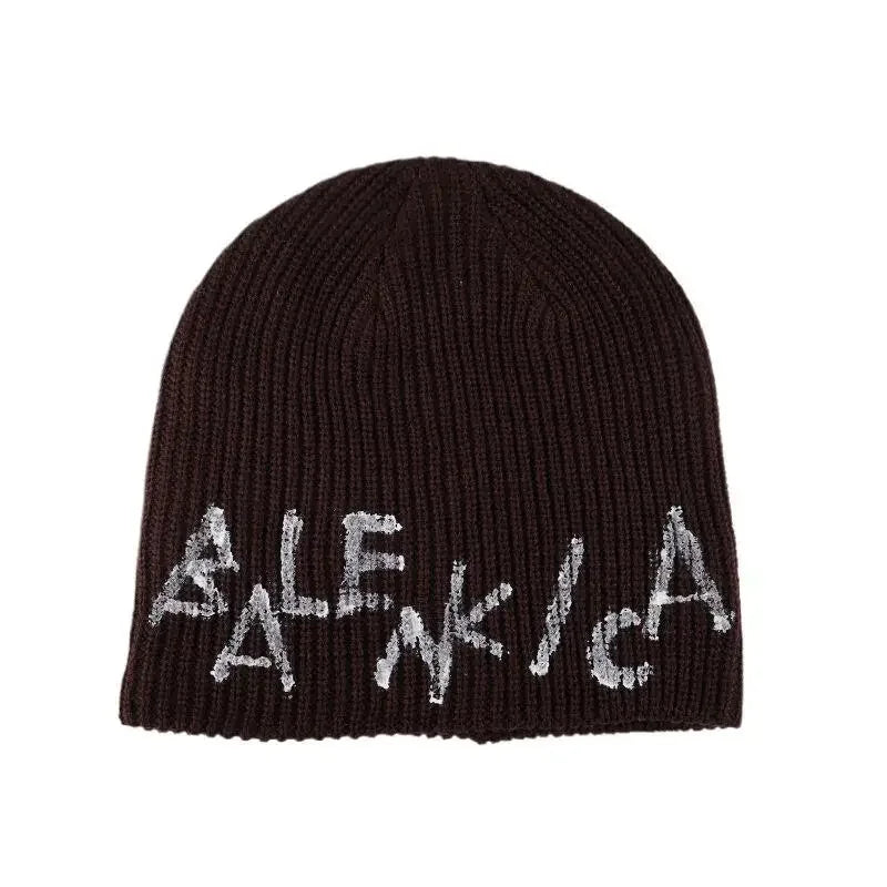 American Retro Letter Knitted Beanie Hat Women'S Autumn Winter Warm Overhead Scarf Small Face Effect Yarn Wrapped Cold Hat