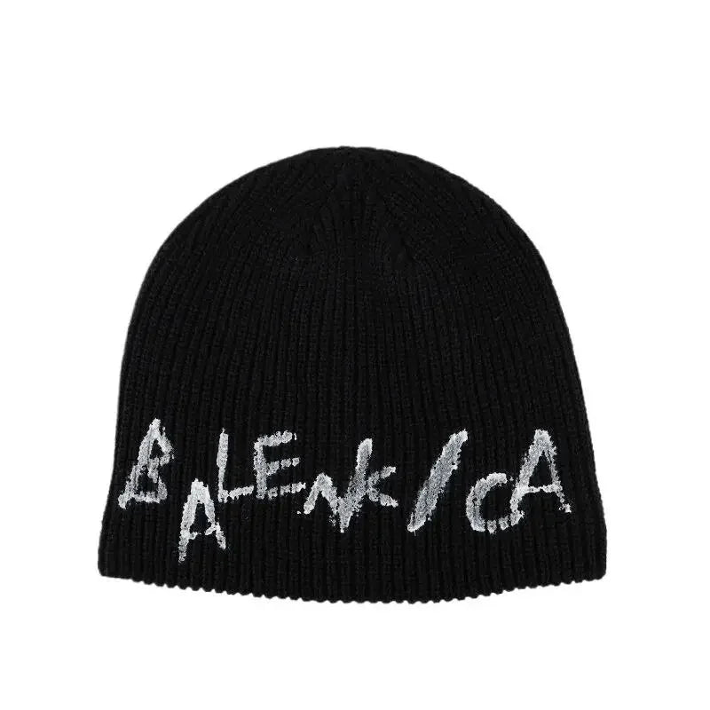 American Retro Letter Knitted Beanie Hat Women'S Autumn Winter Warm Overhead Scarf Small Face Effect Yarn Wrapped Cold Hat