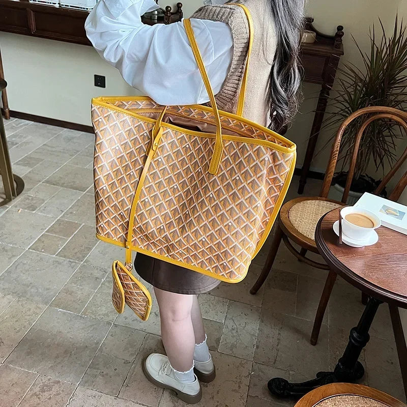 Checkered Tote Bag for Women - Large Canvas Shoulder Purse, Elegant Crossbody Handbag Daily Use, Spacious Work & Shopping Bag