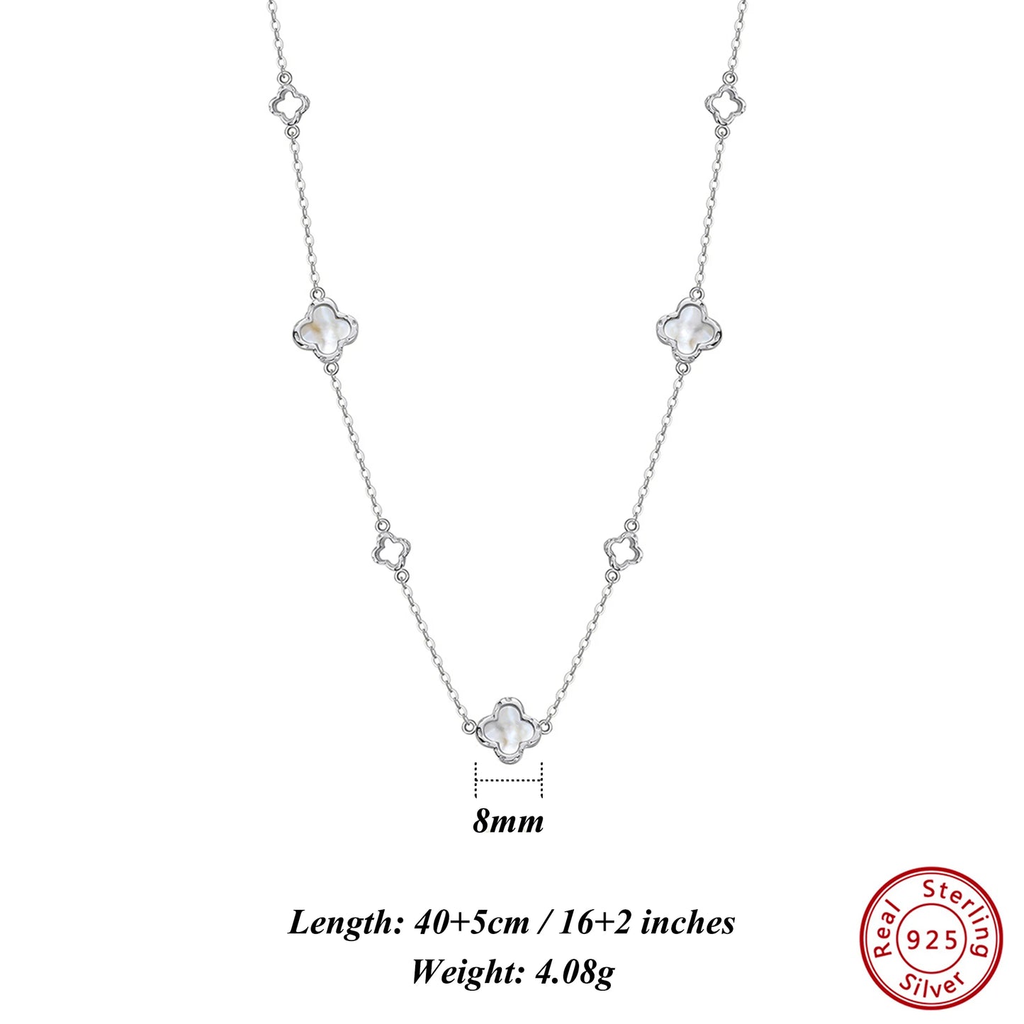 925 Sterling Silver 14K Gold Shell Pearl Choker Necklace with Green Malachite Ornament Four Leaf Clover Style GMN62