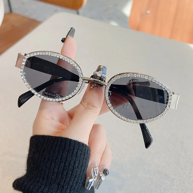 Drill Sunglasses Female Senior Feeling INS Oval-Framed Metal Glasses Fashion European and N Y2K Sunglasses