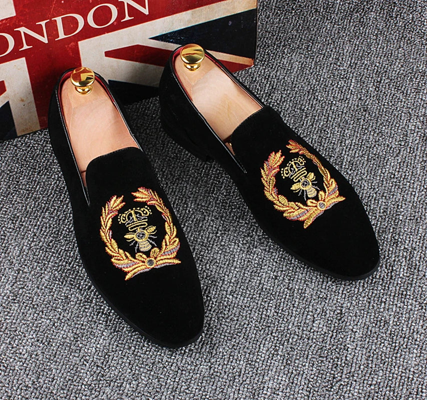 Men'S Fashion Suede Leather Embroidery Loafers Mens Casual Printed Moccasins Oxfords Shoes Man Party Driving Flats EU Size 38-45