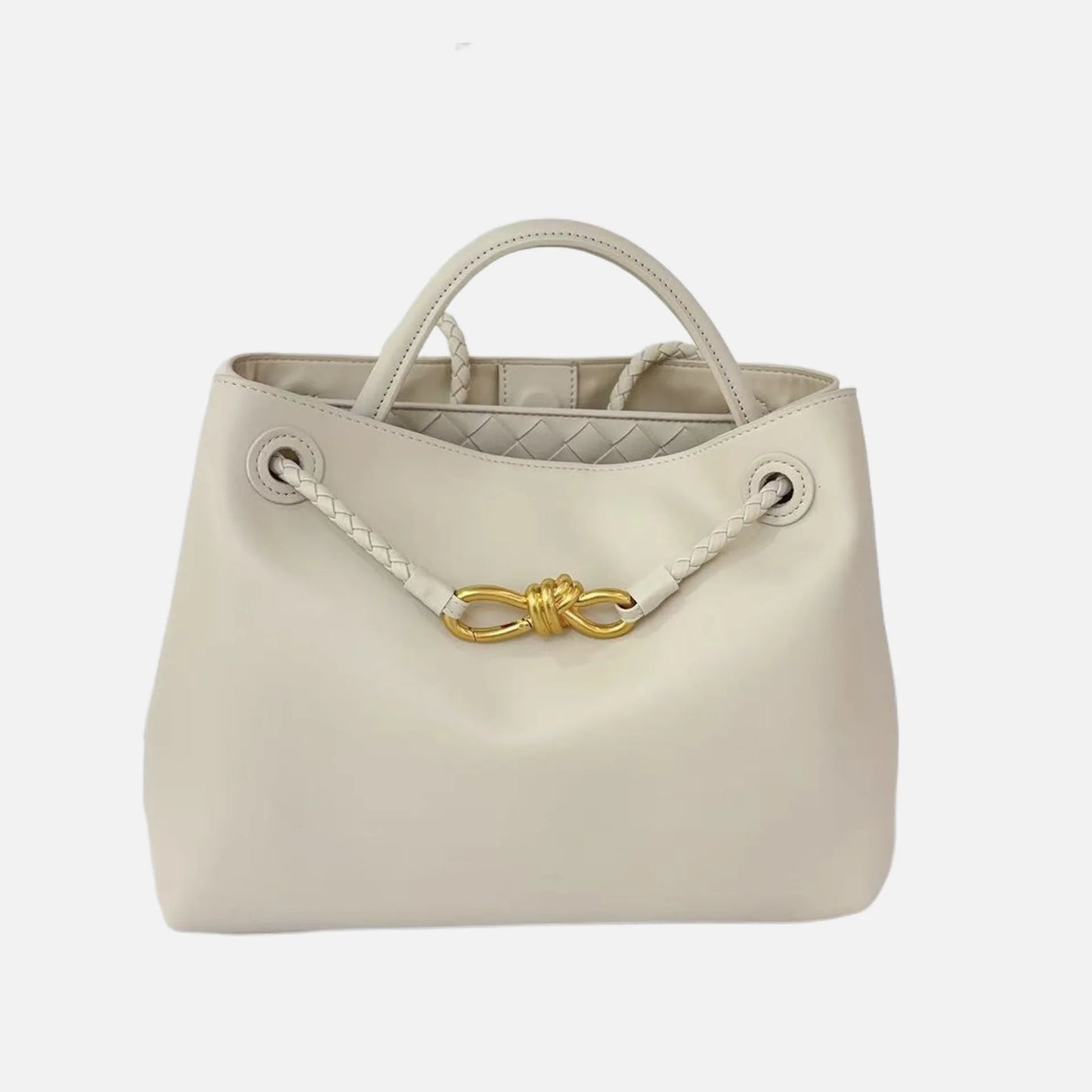 2025 New Full Leather Fashion Metal Rope Buckle Handbag High Quality Cowhide Leather Portable Shoulder Bag Woven Versatile