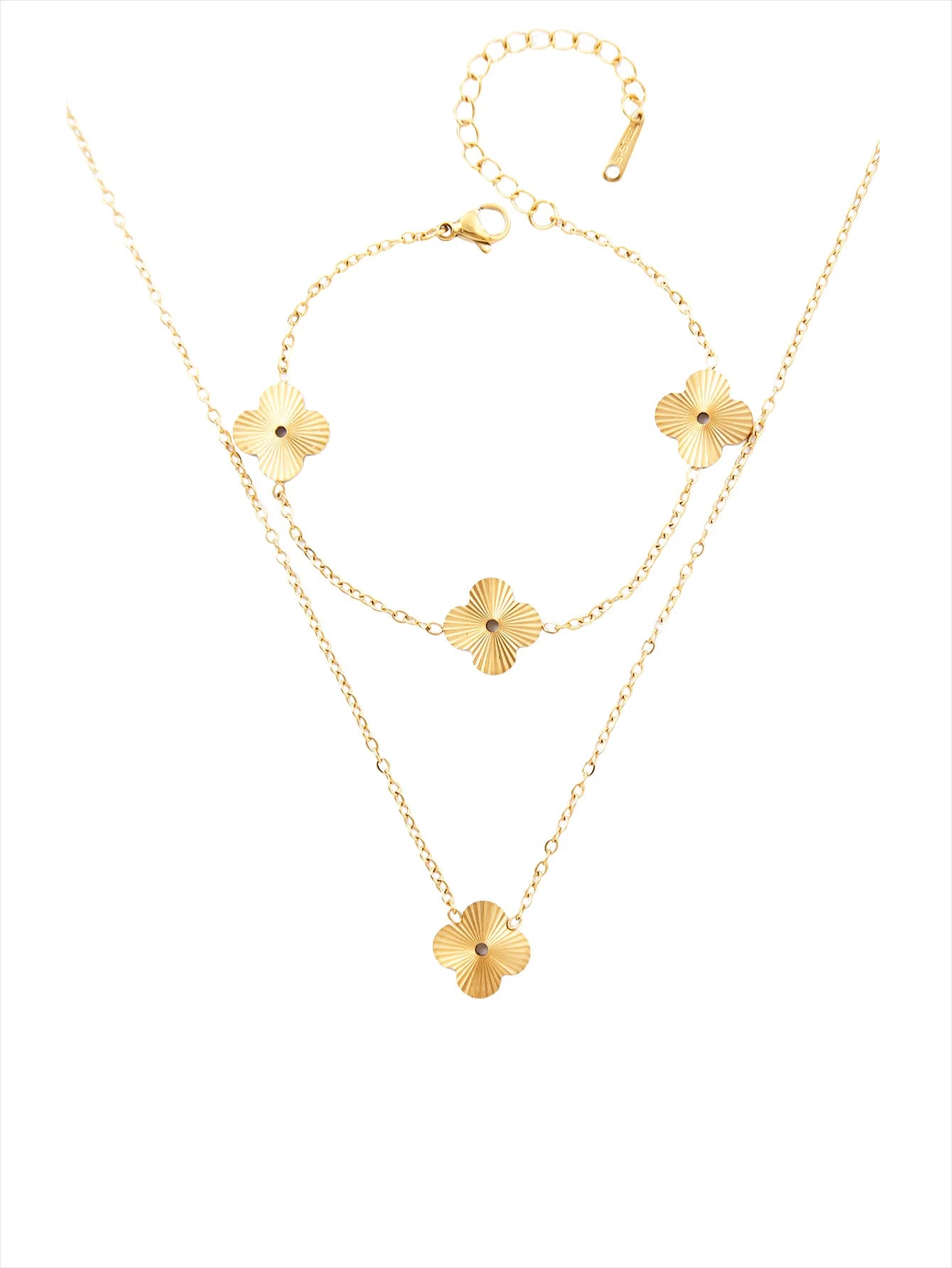 Elegant Light Luxury Charm Retro Old Money Style Stainless Steel 18K Gold Plated Four-Leaf Clover, Flowers Jewelry Set for Women