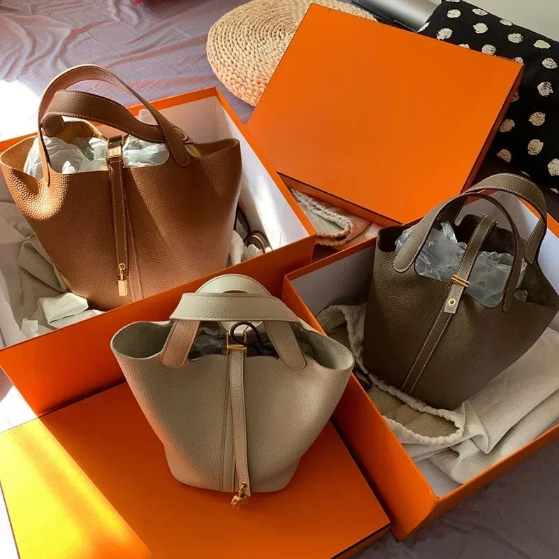 New 2025 Lychee Pattern Bucket Bag Soft PU Women'S Handbag Fashion Market Basket Mother and Baby Bag Trend Large Capacity