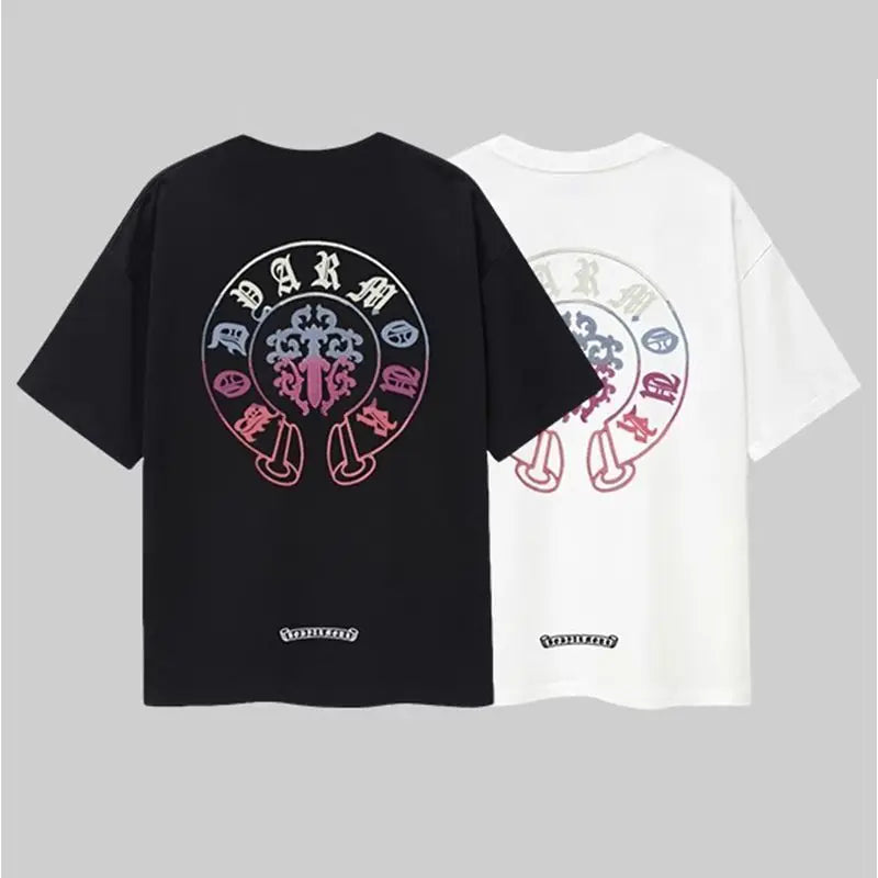 Trendy Brand New Summer Horseshoe Sanskrit Crew Neck Printed T-Shirt Men'S and Women'S Loose Casual Versatile Trendy Top