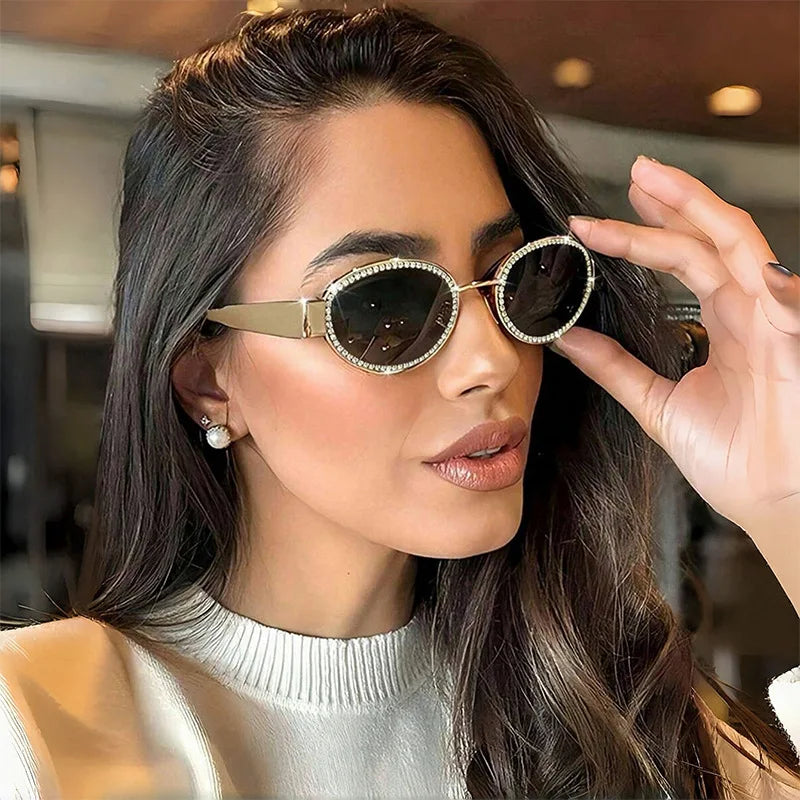 Drill Sunglasses Female Senior Feeling INS Oval-Framed Metal Glasses Fashion European and N Y2K Sunglasses