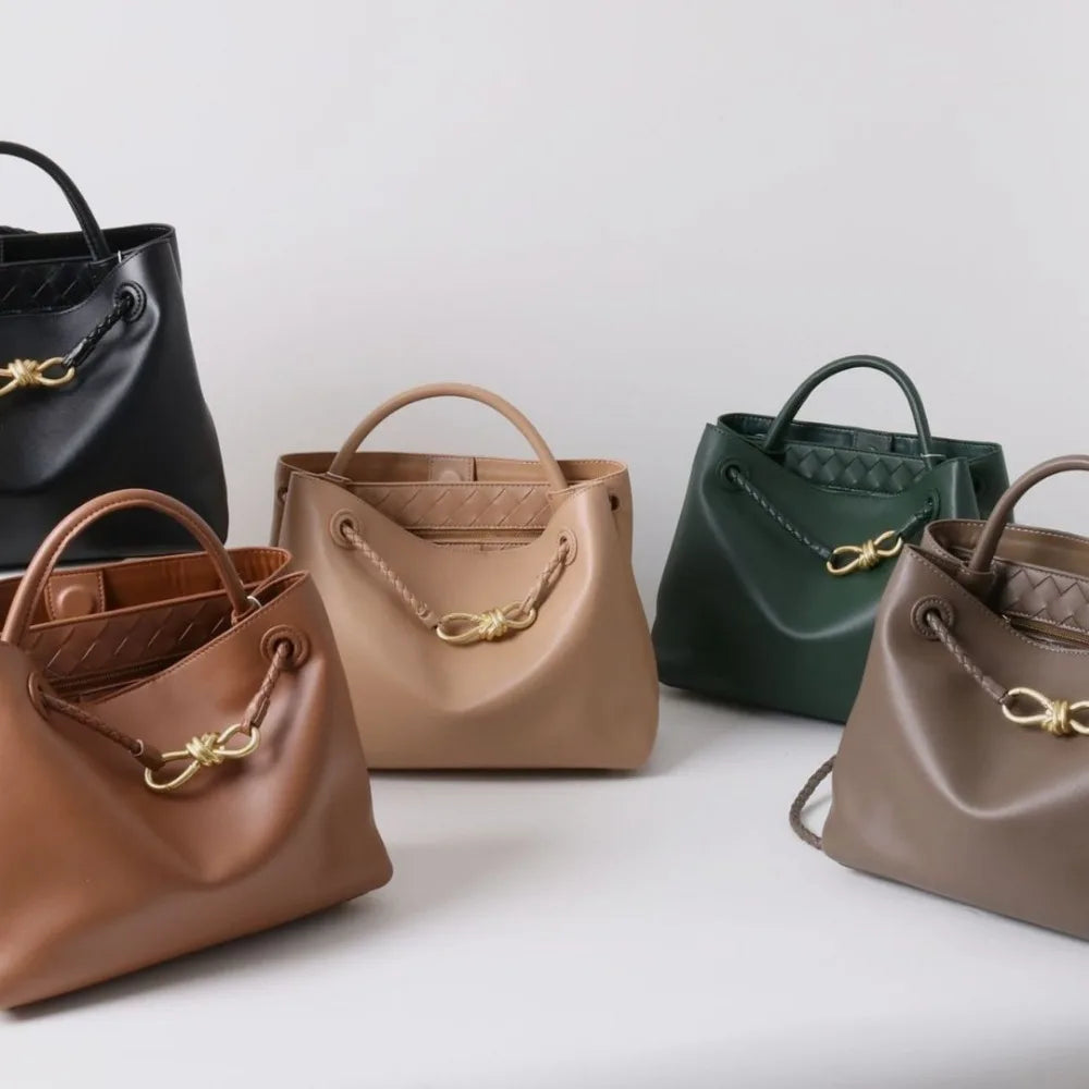 2025 New Full Leather Fashion Metal Rope Buckle Handbag High Quality Cowhide Leather Portable Shoulder Bag Woven Versatile