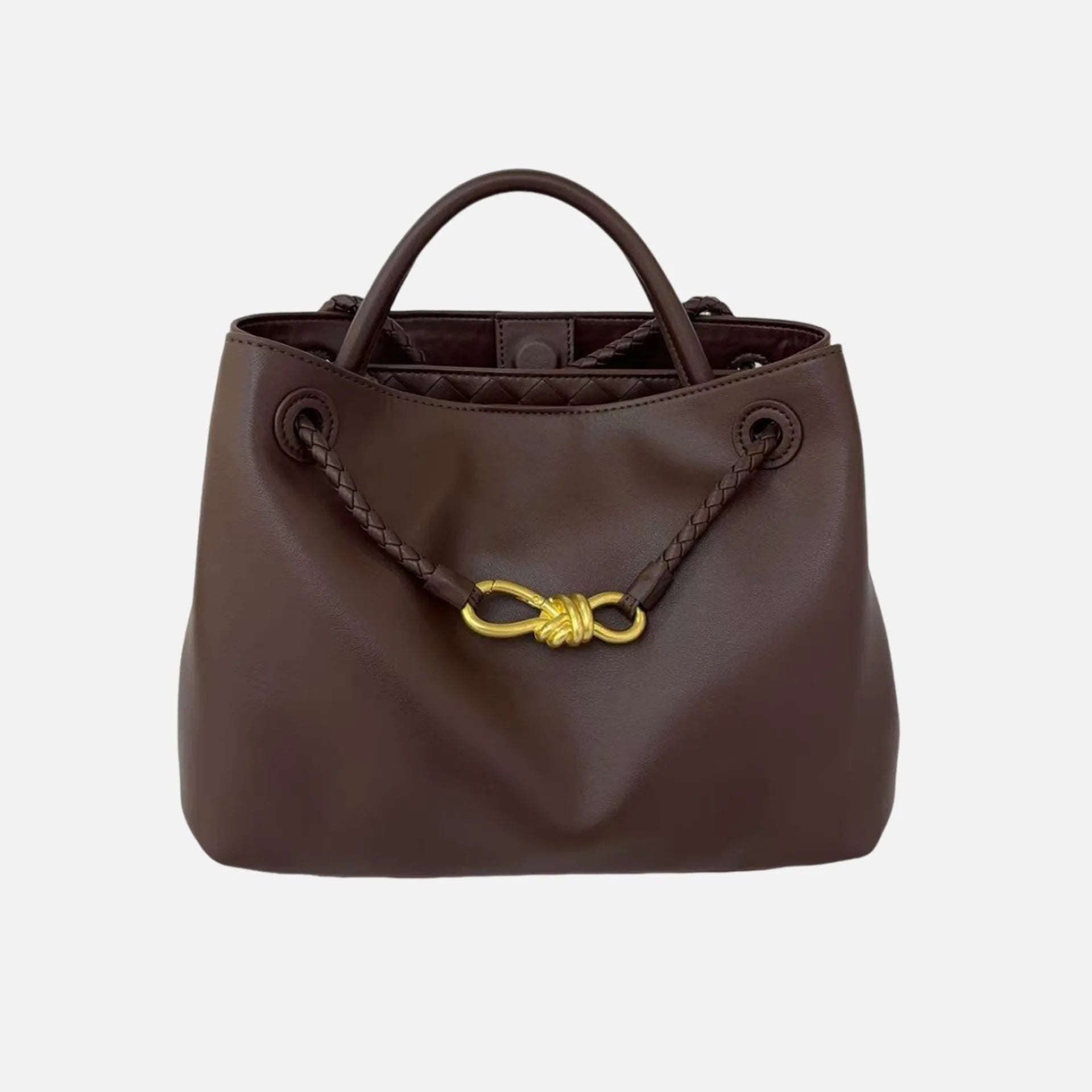 2025 New Full Leather Fashion Metal Rope Buckle Handbag High Quality Cowhide Leather Portable Shoulder Bag Woven Versatile