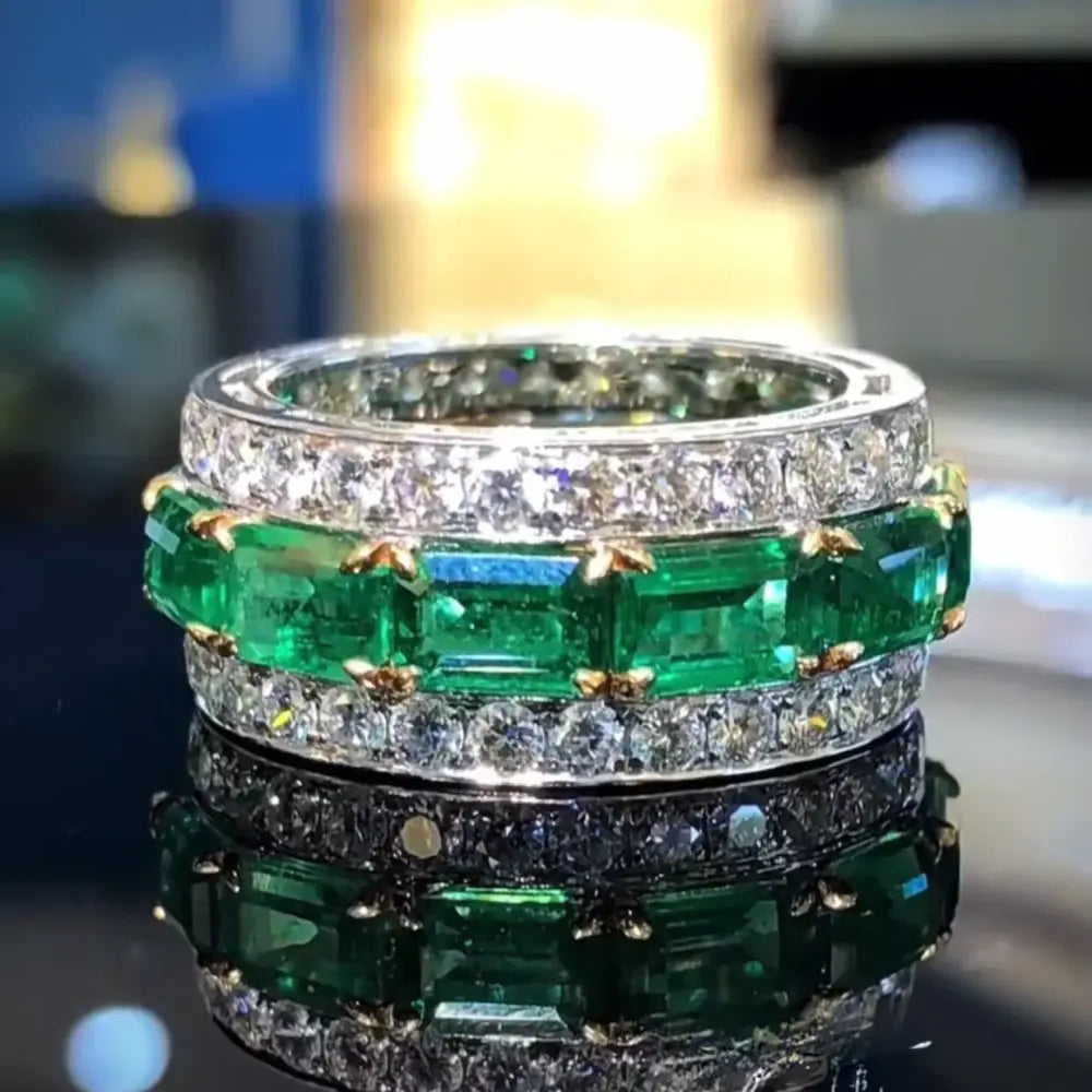 100% Real 925 Sterling Silver Vintage Lab Emerald Diamond Ring 💍