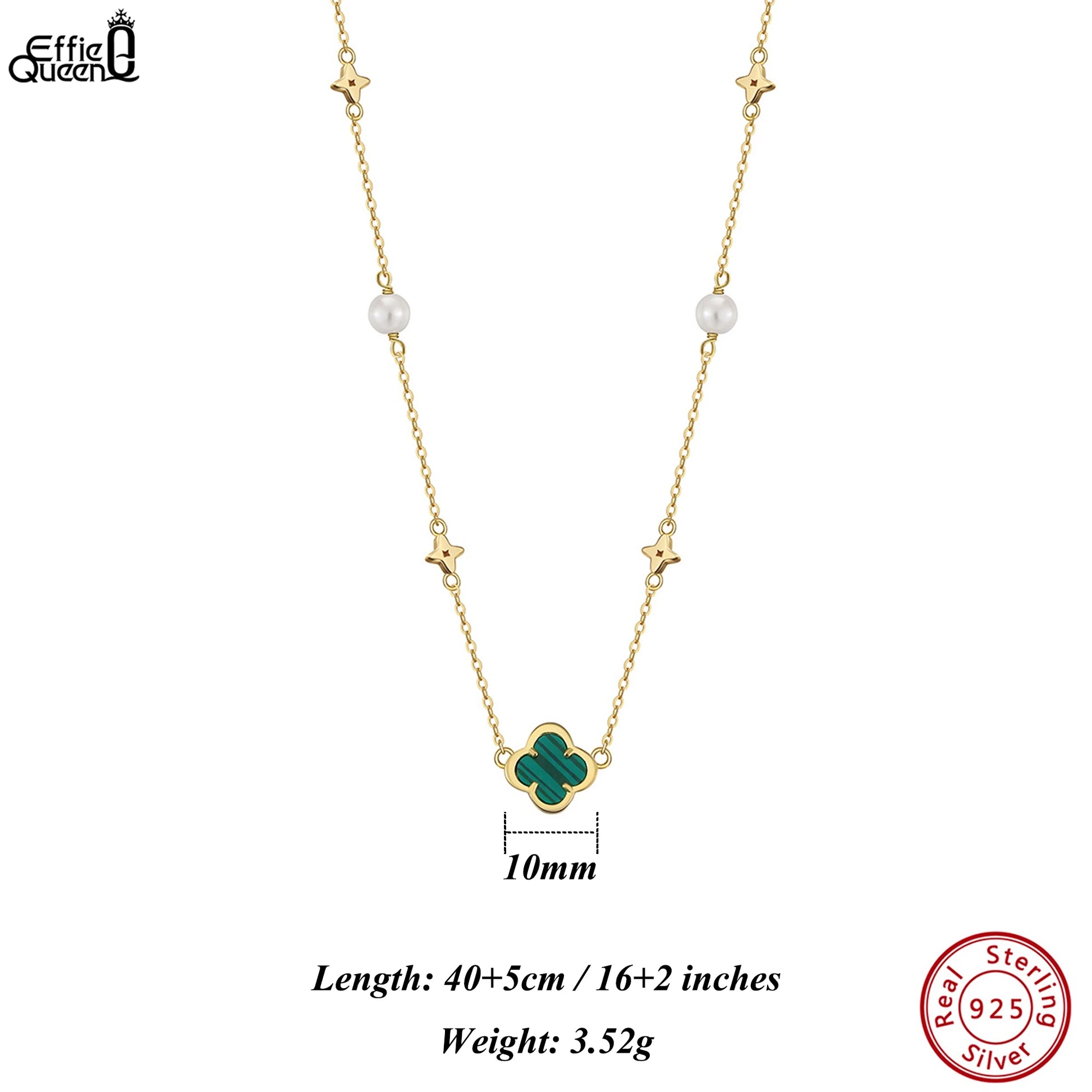 925 Sterling Silver 14K Gold Shell Pearl Choker Necklace with Green Malachite Ornament Four Leaf Clover Style GMN62