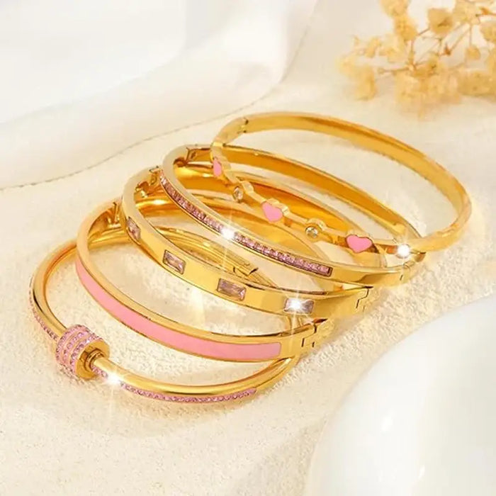 18K Gold Plated Stainless Steel Pink Crystal Love Heart Bracelet Jewelry ✨