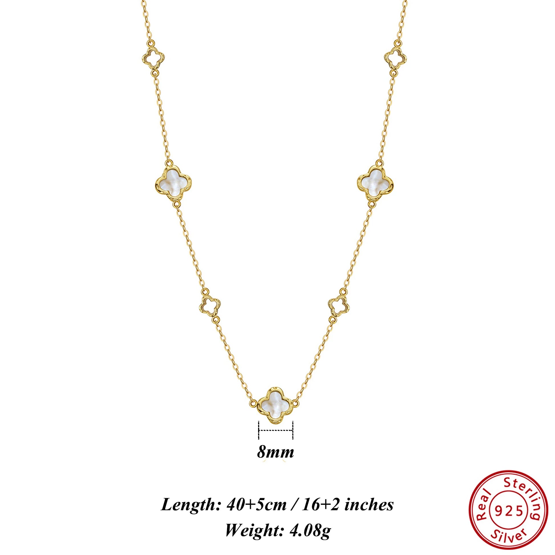 925 Sterling Silver 14K Gold Shell Pearl Choker Necklace with Green Malachite Ornament Four Leaf Clover Style GMN62