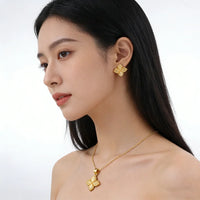 24K plated Lucky Clover Pendant Necklace Earrings for Women Fine Stainless Steel  ✨