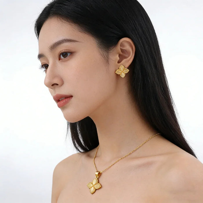 24K plated Lucky Clover Pendant Necklace Earrings for Women Fine Stainless Steel  ✨