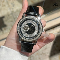 Luxury Leather & Crystal Accents Strap Watch Mechanical Movement  ⏱️