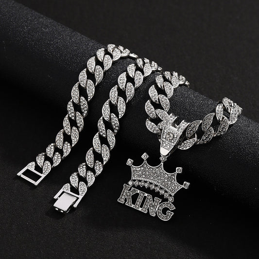 KING letter pendant Cuban necklace one-piece set 👑