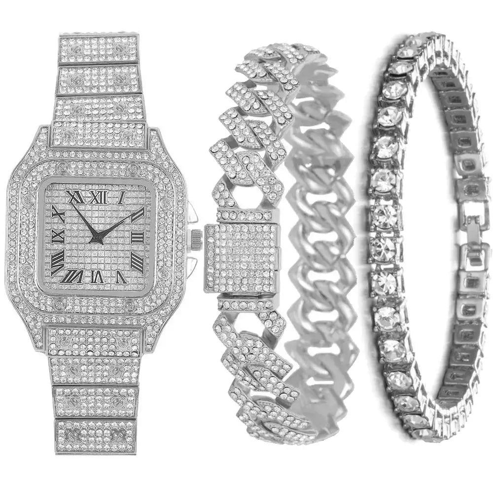 3 pieces set of Diamond Watch With Bracelet Iced Out Golden Wrist Watches Luxury Brand 💎